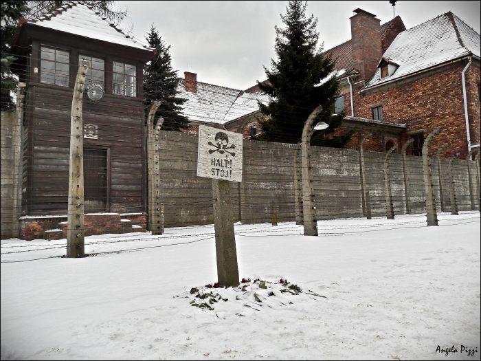 Raggiungere Auschwitz partendo da Cracovia. Cartello con disegnato un teschio che indica il divieto di oltrepassare. Ai piedi un fascio di rose rosse